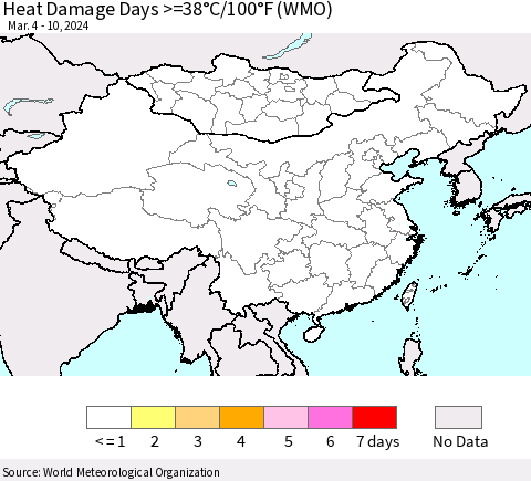 China, Mongolia and Taiwan Heat Damage Days >=38°C/100°F (WMO) Thematic Map For 3/4/2024 - 3/10/2024