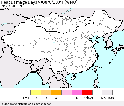 China, Mongolia and Taiwan Heat Damage Days >=38°C/100°F (WMO) Thematic Map For 3/25/2024 - 3/31/2024
