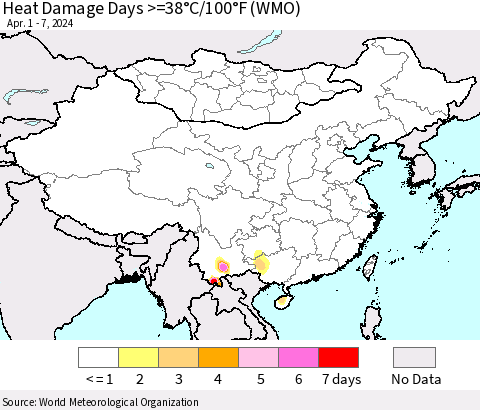 China, Mongolia and Taiwan Heat Damage Days >=38°C/100°F (WMO) Thematic Map For 4/1/2024 - 4/7/2024
