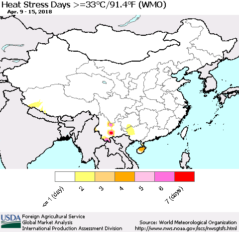 China, Mongolia and Taiwan Heat Stress Days >=35°C/95°F (WMO) Thematic Map For 4/9/2018 - 4/15/2018