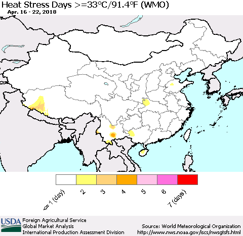 China, Mongolia and Taiwan Heat Stress Days >=35°C/95°F (WMO) Thematic Map For 4/16/2018 - 4/22/2018