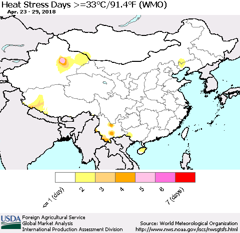 China, Mongolia and Taiwan Heat Stress Days >=35°C/95°F (WMO) Thematic Map For 4/23/2018 - 4/29/2018
