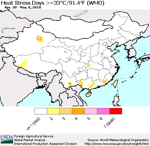 China, Mongolia and Taiwan Heat Stress Days >=35°C/95°F (WMO) Thematic Map For 4/30/2018 - 5/6/2018