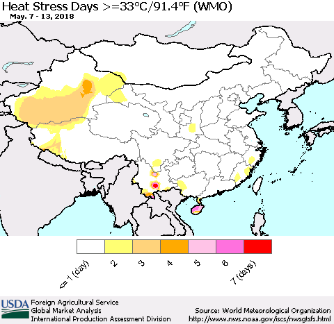 China, Mongolia and Taiwan Heat Stress Days >=35°C/95°F (WMO) Thematic Map For 5/7/2018 - 5/13/2018