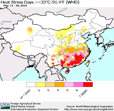 China, Mongolia and Taiwan Heat Stress Days >=35°C/95°F (WMO) Thematic Map For 5/14/2018 - 5/20/2018