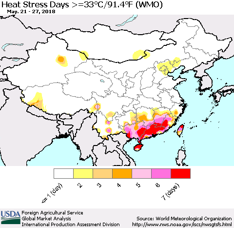 China, Mongolia and Taiwan Heat Stress Days >=35°C/95°F (WMO) Thematic Map For 5/21/2018 - 5/27/2018
