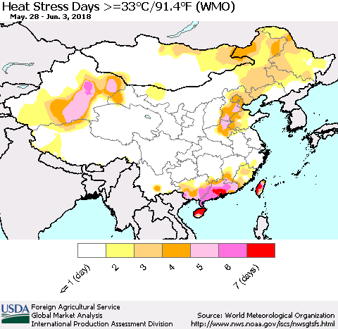 China, Mongolia and Taiwan Heat Stress Days >=35°C/95°F (WMO) Thematic Map For 5/28/2018 - 6/3/2018