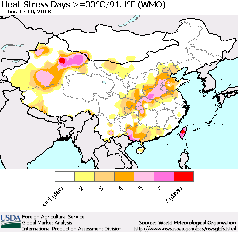 China, Mongolia and Taiwan Heat Stress Days >=35°C/95°F (WMO) Thematic Map For 6/4/2018 - 6/10/2018