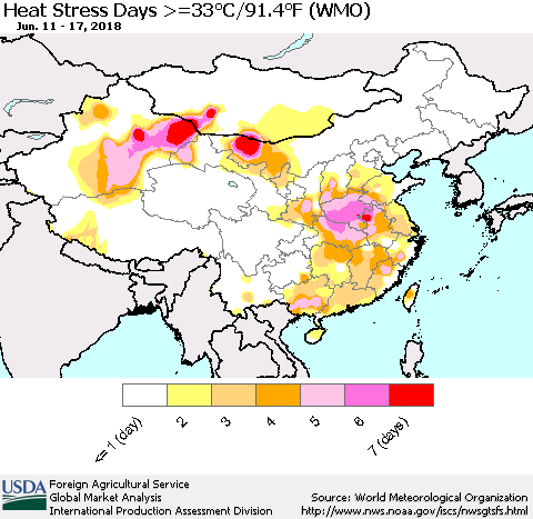China, Mongolia and Taiwan Heat Stress Days >=35°C/95°F (WMO) Thematic Map For 6/11/2018 - 6/17/2018