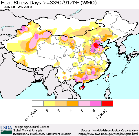 China, Mongolia and Taiwan Heat Stress Days >=35°C/95°F (WMO) Thematic Map For 6/18/2018 - 6/24/2018