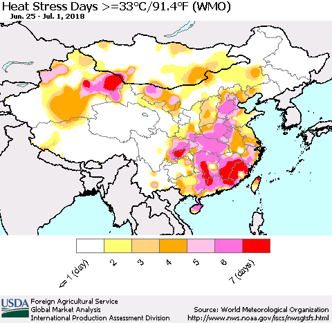 China, Mongolia and Taiwan Heat Stress Days >=35°C/95°F (WMO) Thematic Map For 6/25/2018 - 7/1/2018