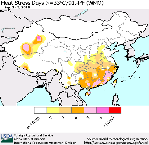 China and Taiwan Heat Stress Days >=35°C/95°F (WMO) Thematic Map For 9/3/2018 - 9/9/2018
