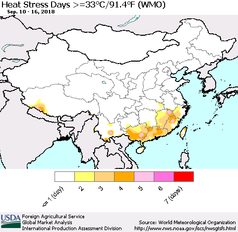 China and Taiwan Heat Stress Days >=35°C/95°F (WMO) Thematic Map For 9/10/2018 - 9/16/2018