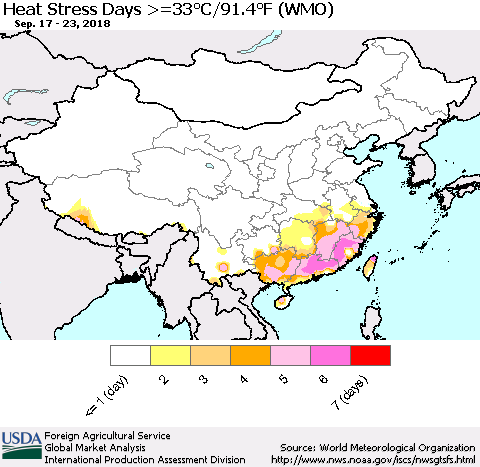 China and Taiwan Heat Stress Days >=35°C/95°F (WMO) Thematic Map For 9/17/2018 - 9/23/2018