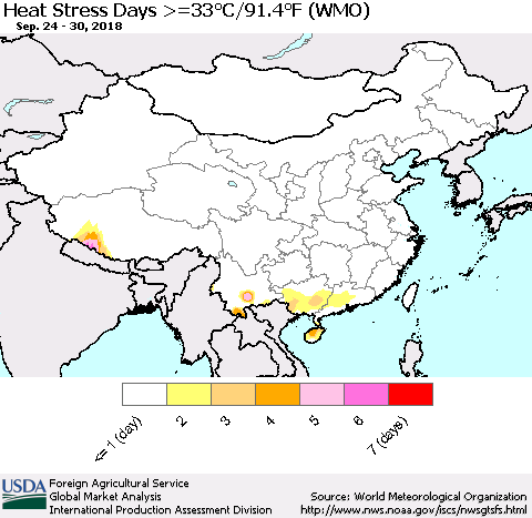 China and Taiwan Heat Stress Days >=35°C/95°F (WMO) Thematic Map For 9/24/2018 - 9/30/2018