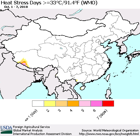 China and Taiwan Heat Stress Days >=35°C/95°F (WMO) Thematic Map For 10/1/2018 - 10/7/2018