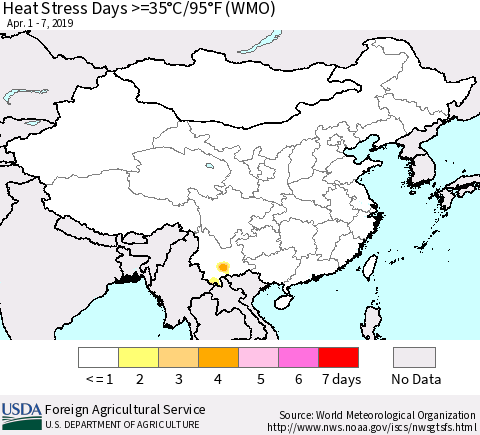 China and Taiwan Heat Stress Days >=35°C/95°F (WMO) Thematic Map For 4/1/2019 - 4/7/2019