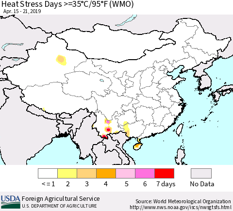 China and Taiwan Heat Stress Days >=35°C/95°F (WMO) Thematic Map For 4/15/2019 - 4/21/2019