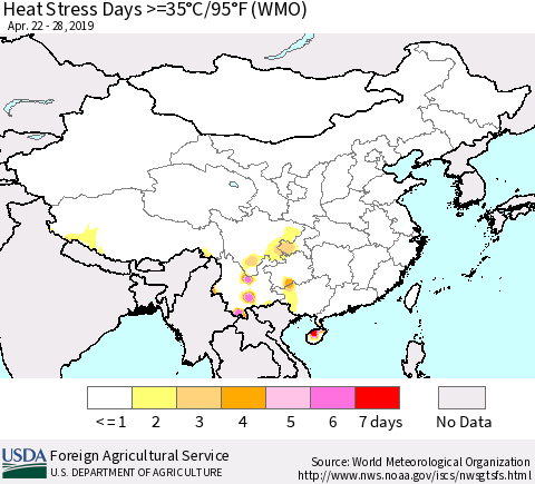 China and Taiwan Heat Stress Days >=35°C/95°F (WMO) Thematic Map For 4/22/2019 - 4/28/2019