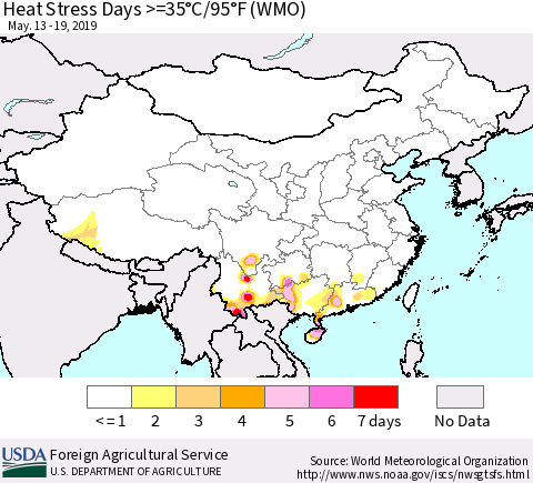 China and Taiwan Heat Stress Days >=35°C/95°F (WMO) Thematic Map For 5/13/2019 - 5/19/2019