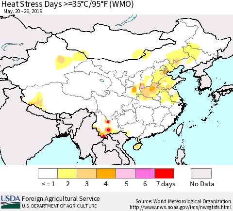 China and Taiwan Heat Stress Days >=35°C/95°F (WMO) Thematic Map For 5/20/2019 - 5/26/2019