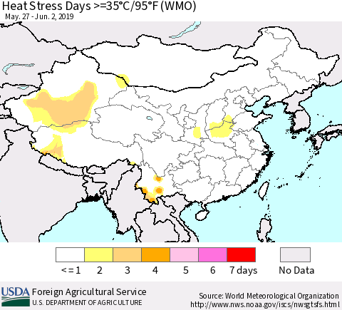 China, Mongolia and Taiwan Heat Stress Days >=35°C/95°F (WMO) Thematic Map For 5/27/2019 - 6/2/2019