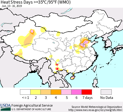 China and Taiwan Heat Stress Days >=35°C/95°F (WMO) Thematic Map For 6/10/2019 - 6/16/2019