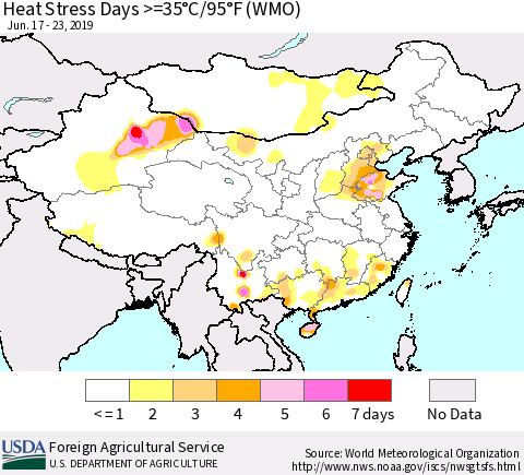 China and Taiwan Heat Stress Days >=35°C/95°F (WMO) Thematic Map For 6/17/2019 - 6/23/2019