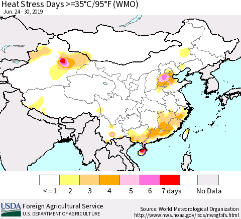 China and Taiwan Heat Stress Days >=35°C/95°F (WMO) Thematic Map For 6/24/2019 - 6/30/2019