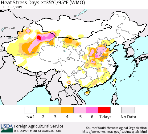 China and Taiwan Heat Stress Days >=35°C/95°F (WMO) Thematic Map For 7/1/2019 - 7/7/2019