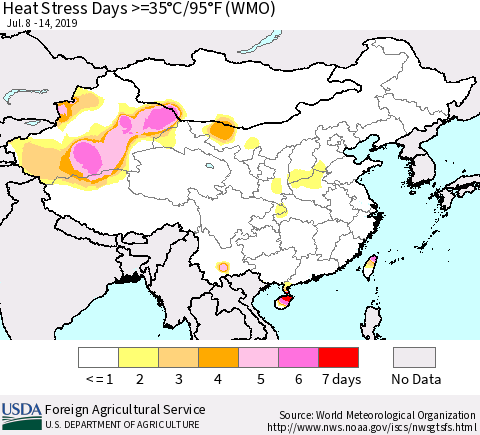 China and Taiwan Heat Stress Days >=35°C/95°F (WMO) Thematic Map For 7/8/2019 - 7/14/2019