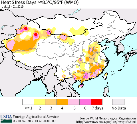 China and Taiwan Heat Stress Days >=35°C/95°F (WMO) Thematic Map For 7/15/2019 - 7/21/2019