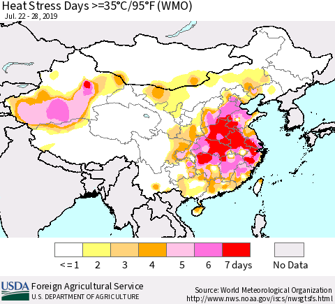 China and Taiwan Heat Stress Days >=35°C/95°F (WMO) Thematic Map For 7/22/2019 - 7/28/2019