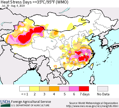China, Mongolia and Taiwan Heat Stress Days >=35°C/95°F (WMO) Thematic Map For 7/29/2019 - 8/4/2019