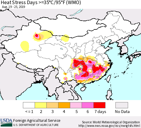 China, Mongolia and Taiwan Heat Stress Days >=35°C/95°F (WMO) Thematic Map For 8/19/2019 - 8/25/2019