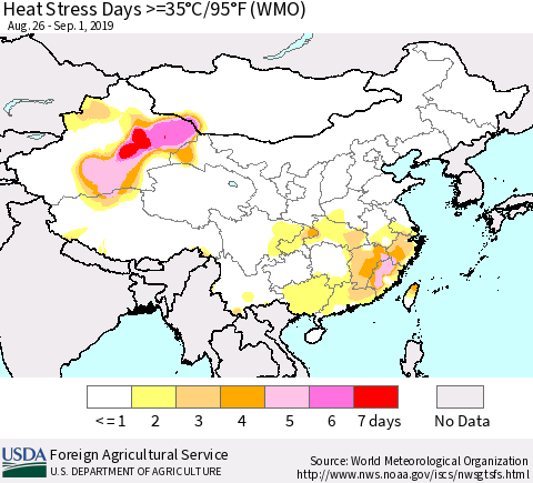 China and Taiwan Heat Stress Days >=35°C/95°F (WMO) Thematic Map For 8/26/2019 - 9/1/2019