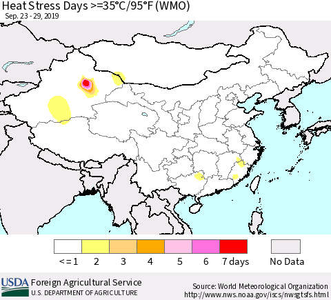 China and Taiwan Heat Stress Days >=35°C/95°F (WMO) Thematic Map For 9/23/2019 - 9/29/2019
