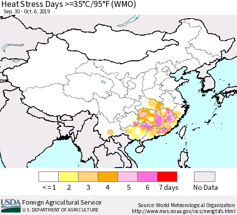 China and Taiwan Heat Stress Days >=35°C/95°F (WMO) Thematic Map For 9/30/2019 - 10/6/2019