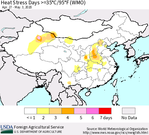 China and Taiwan Heat Stress Days >=35°C/95°F (WMO) Thematic Map For 4/27/2020 - 5/3/2020