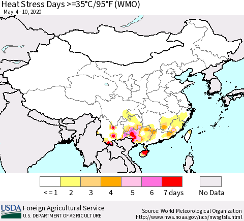 China and Taiwan Heat Stress Days >=35°C/95°F (WMO) Thematic Map For 5/4/2020 - 5/10/2020