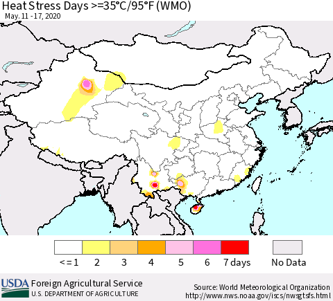 China, Mongolia and Taiwan Heat Stress Days >=35°C/95°F (WMO) Thematic Map For 5/11/2020 - 5/17/2020