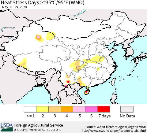China and Taiwan Heat Stress Days >=35°C/95°F (WMO) Thematic Map For 5/18/2020 - 5/24/2020