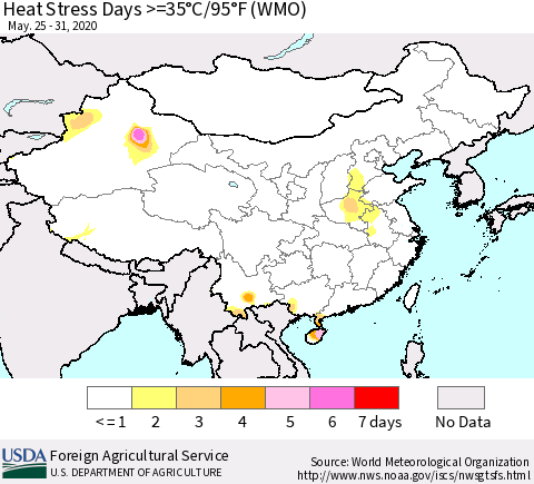 China and Taiwan Heat Stress Days >=35°C/95°F (WMO) Thematic Map For 5/25/2020 - 5/31/2020