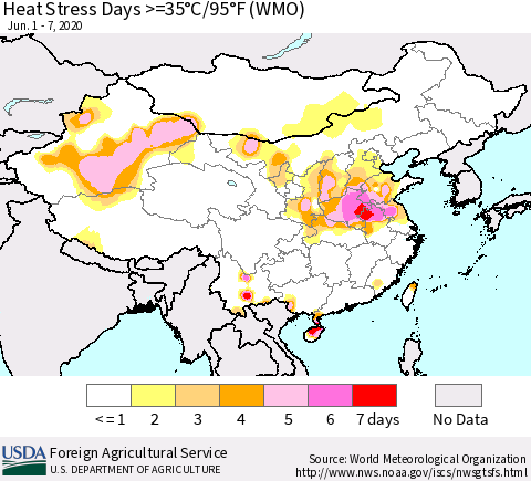 China and Taiwan Heat Stress Days >=35°C/95°F (WMO) Thematic Map For 6/1/2020 - 6/7/2020