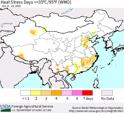 China and Taiwan Heat Stress Days >=35°C/95°F (WMO) Thematic Map For 6/8/2020 - 6/14/2020