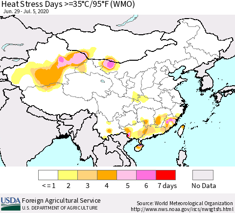 China, Mongolia and Taiwan Heat Stress Days >=35°C/95°F (WMO) Thematic Map For 6/29/2020 - 7/5/2020