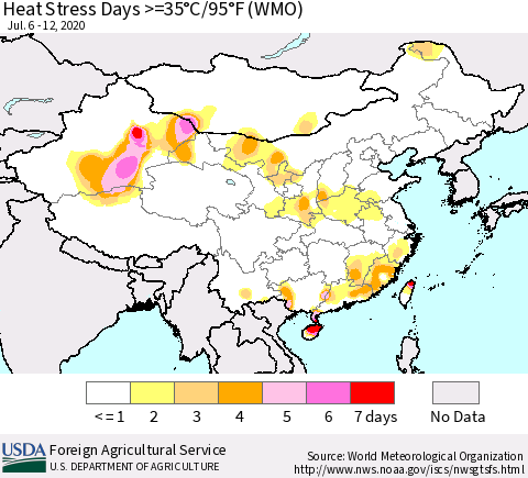 China, Mongolia and Taiwan Heat Stress Days >=35°C/95°F (WMO) Thematic Map For 7/6/2020 - 7/12/2020