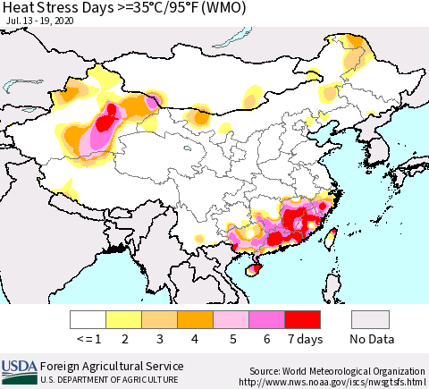 China and Taiwan Heat Stress Days >=35°C/95°F (WMO) Thematic Map For 7/13/2020 - 7/19/2020