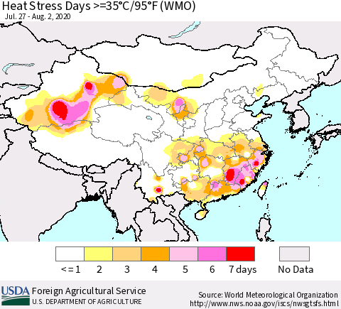 China, Mongolia and Taiwan Heat Stress Days >=35°C/95°F (WMO) Thematic Map For 7/27/2020 - 8/2/2020