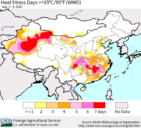China and Taiwan Heat Stress Days >=35°C/95°F (WMO) Thematic Map For 8/3/2020 - 8/9/2020